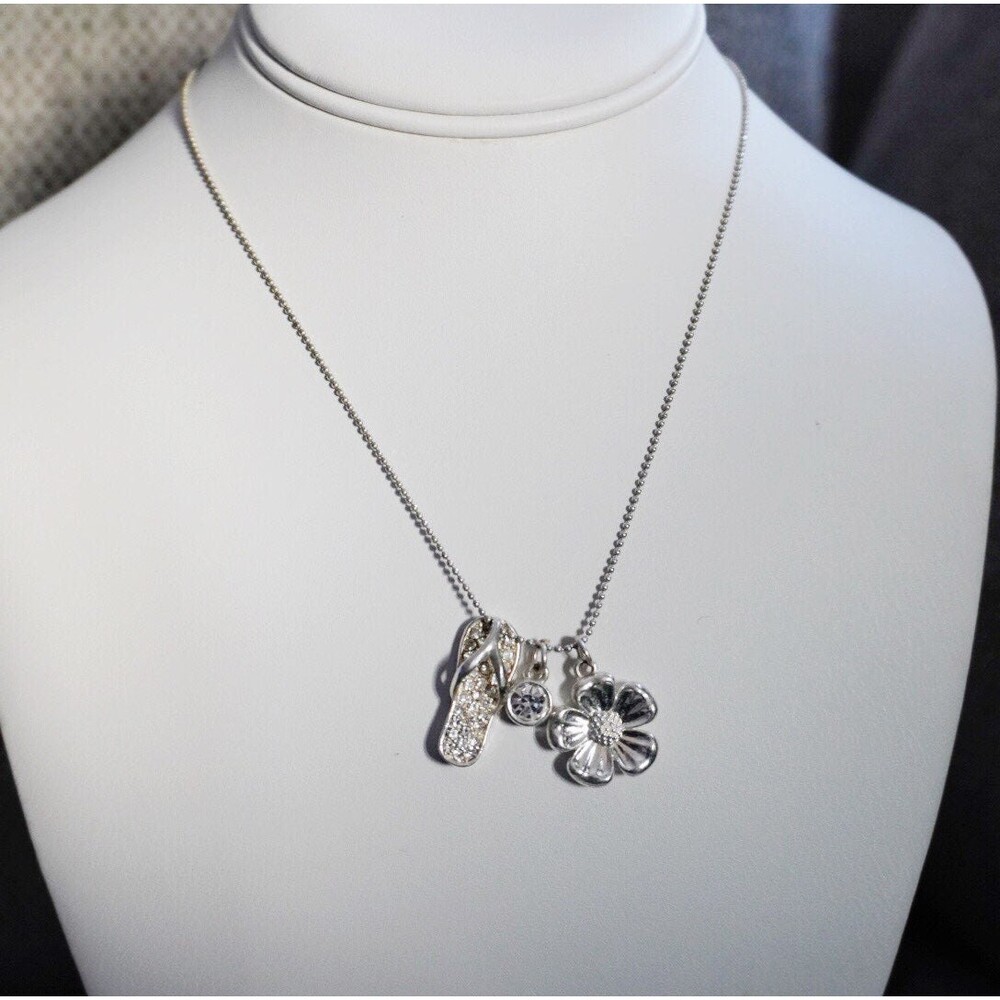 Flower Flip Flop Rhinestone Charm Pendant Necklace Silver Tone
